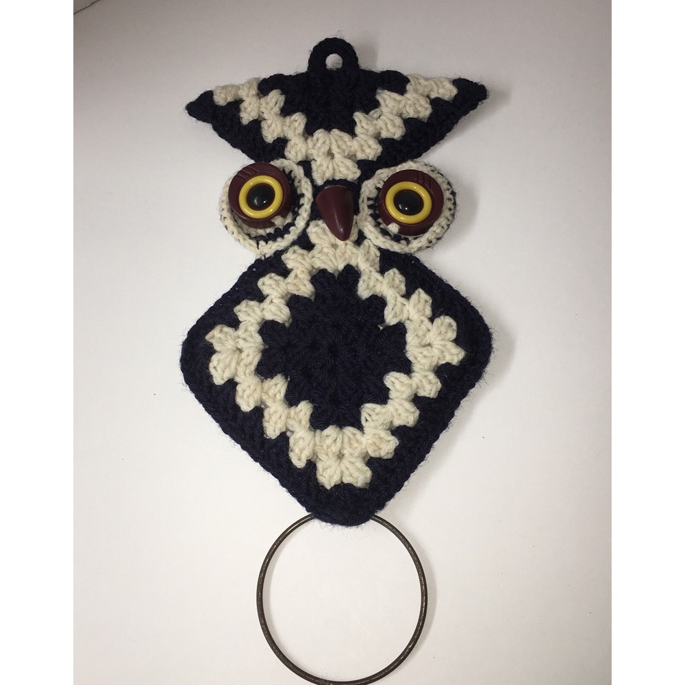 Vintage Crochet Navy White Brown 70s Owl Wall Hanging Towel Holder Boho MCM